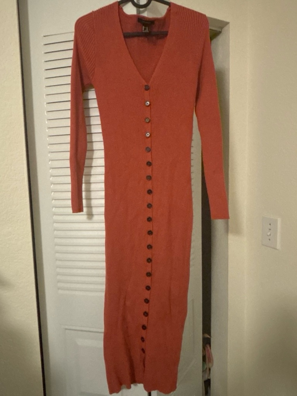 Forever 21 Rust Long-Sleeve Ribbed Button-Front Dress